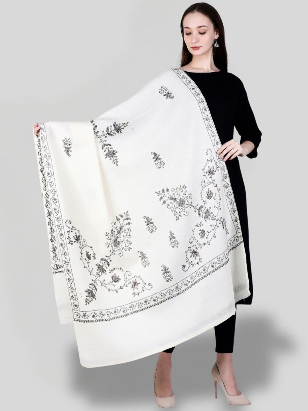 

SWI Stylish Floral Embroidered Pure Woollen Shawl, White