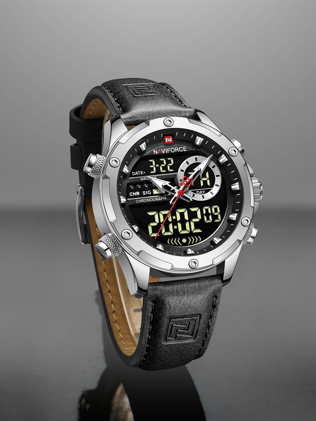 

Naviforce Men Brass Printed Dial & Leather Straps Analogue and Digital Multi Function Watch NF9208 SBB, Silver