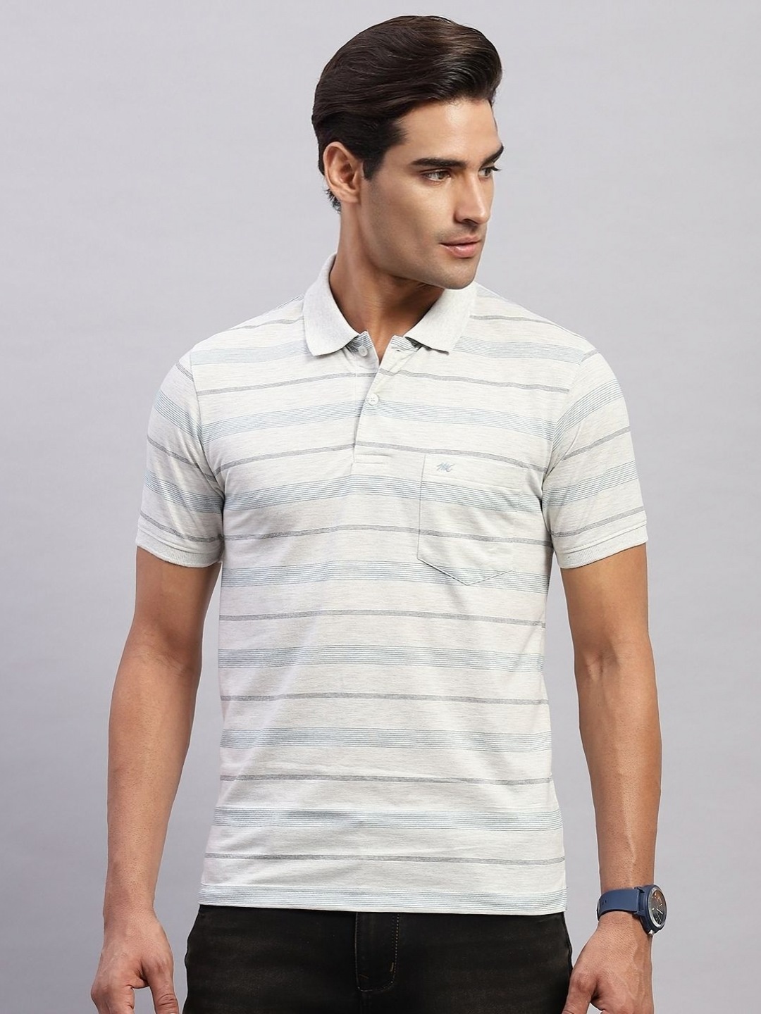 

Monte Carlo Men Striped Polo Collar Cotton T-shirt, White