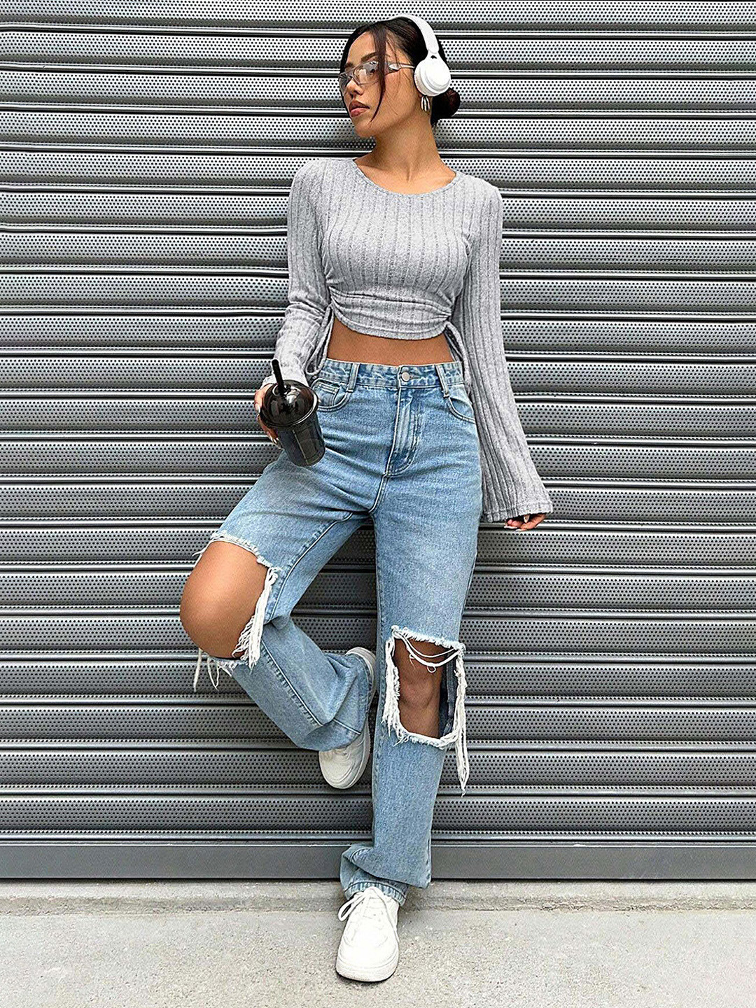

LULU & SKY Striped Crop Top, Grey