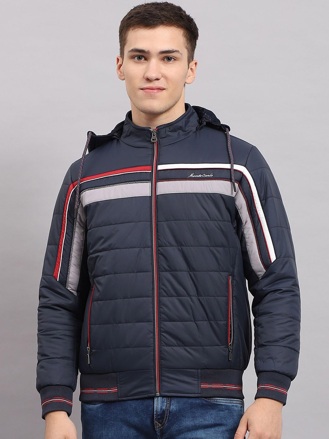 

Monte Carlo Men Striped Puffer Hooded Jacket, Navy blue