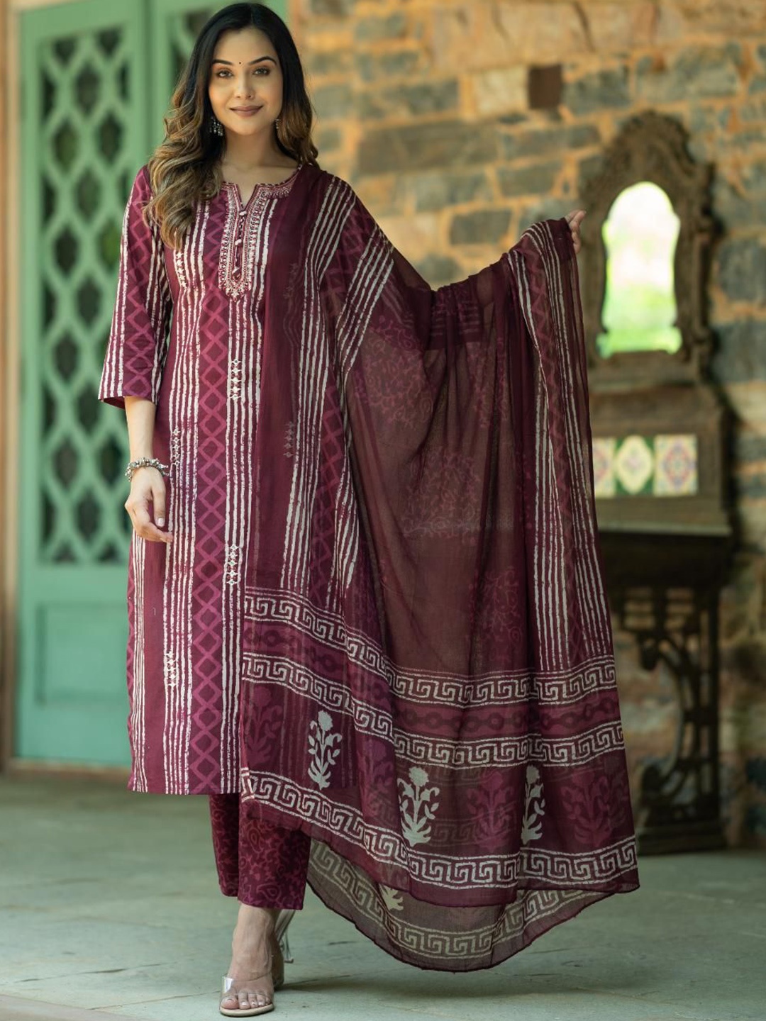 

KALINI Printed Thread Work Pure Cotton Kurta With Trousers & Dupatta, Maroon