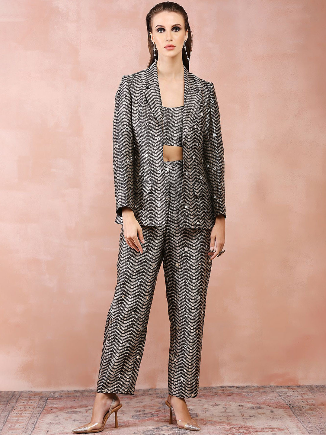 

Payal Singhal Embroidered Top with Trousers & Blazer, Black