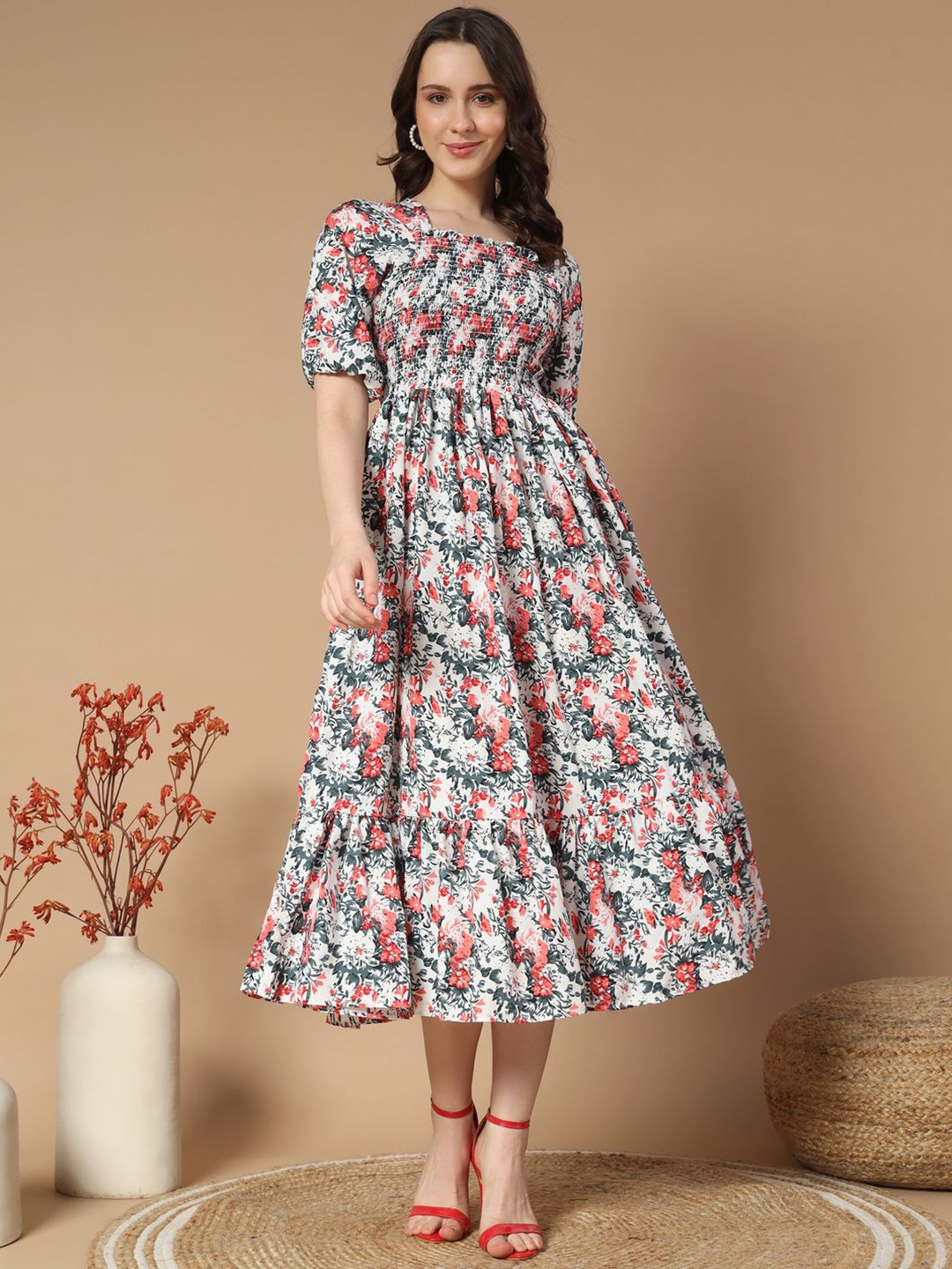 

OTABU Floral Print Puff Sleeve Applique Crepe Formal Fit and Flare Midi Dress, White