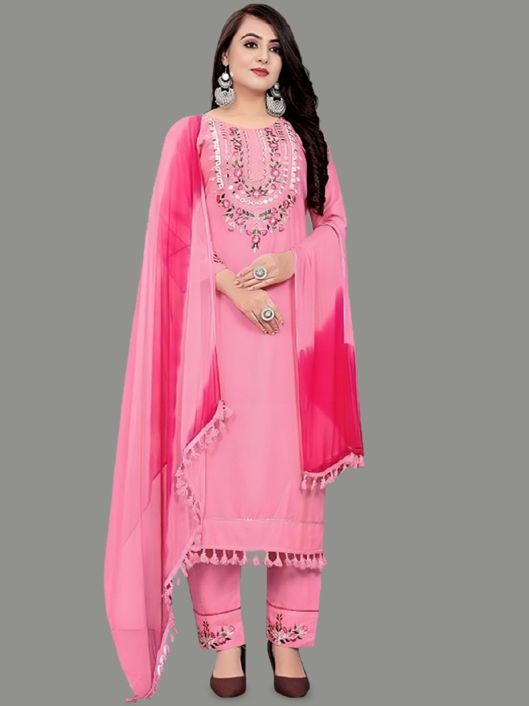 

APNISHA Floral Yoke Design Regular Straight Kurta With Trousers & Dupatta, Pink