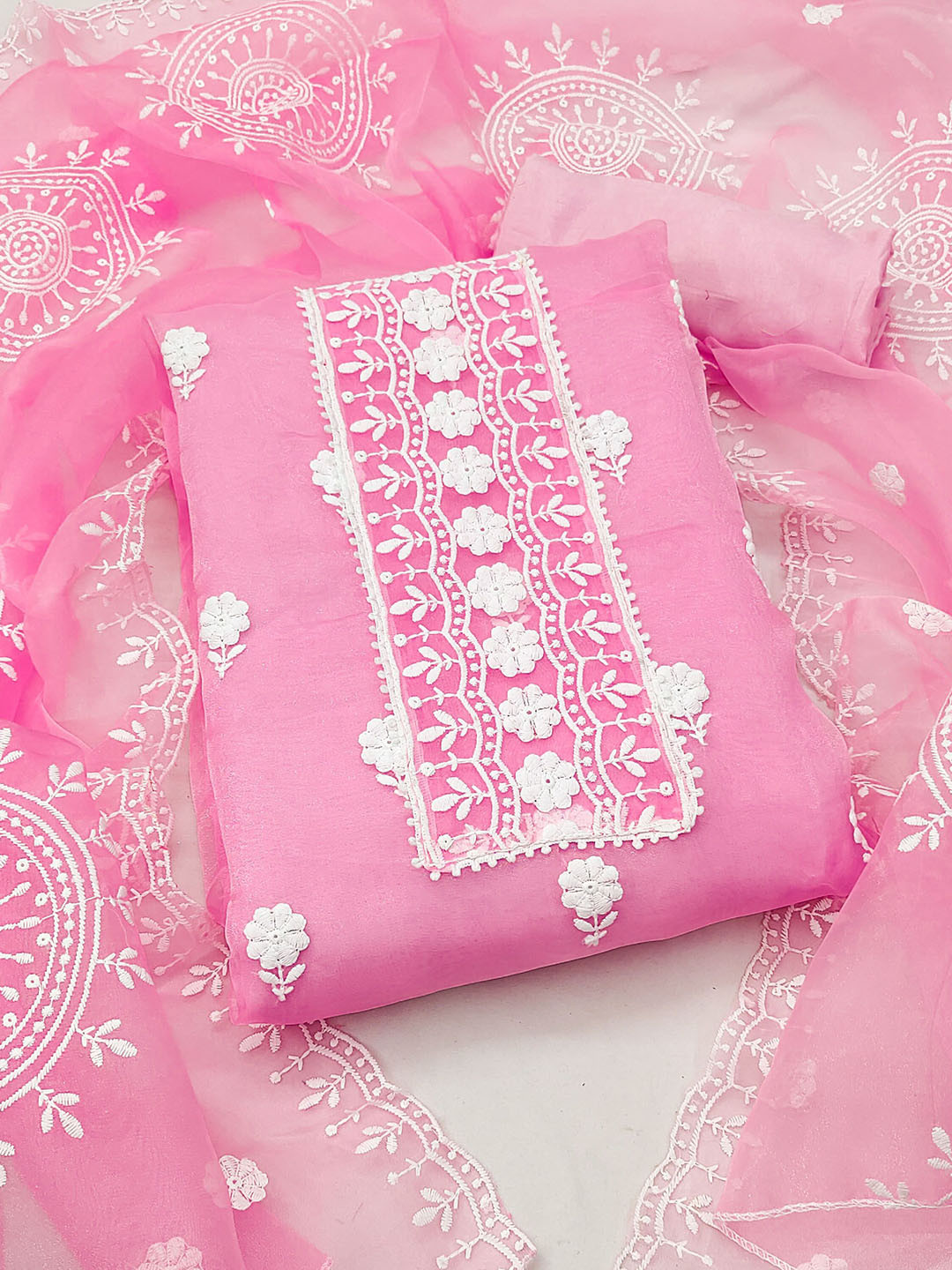 

Ishin Ethnic Motifs Embroidered Organza Unstitched Dress Material, Pink