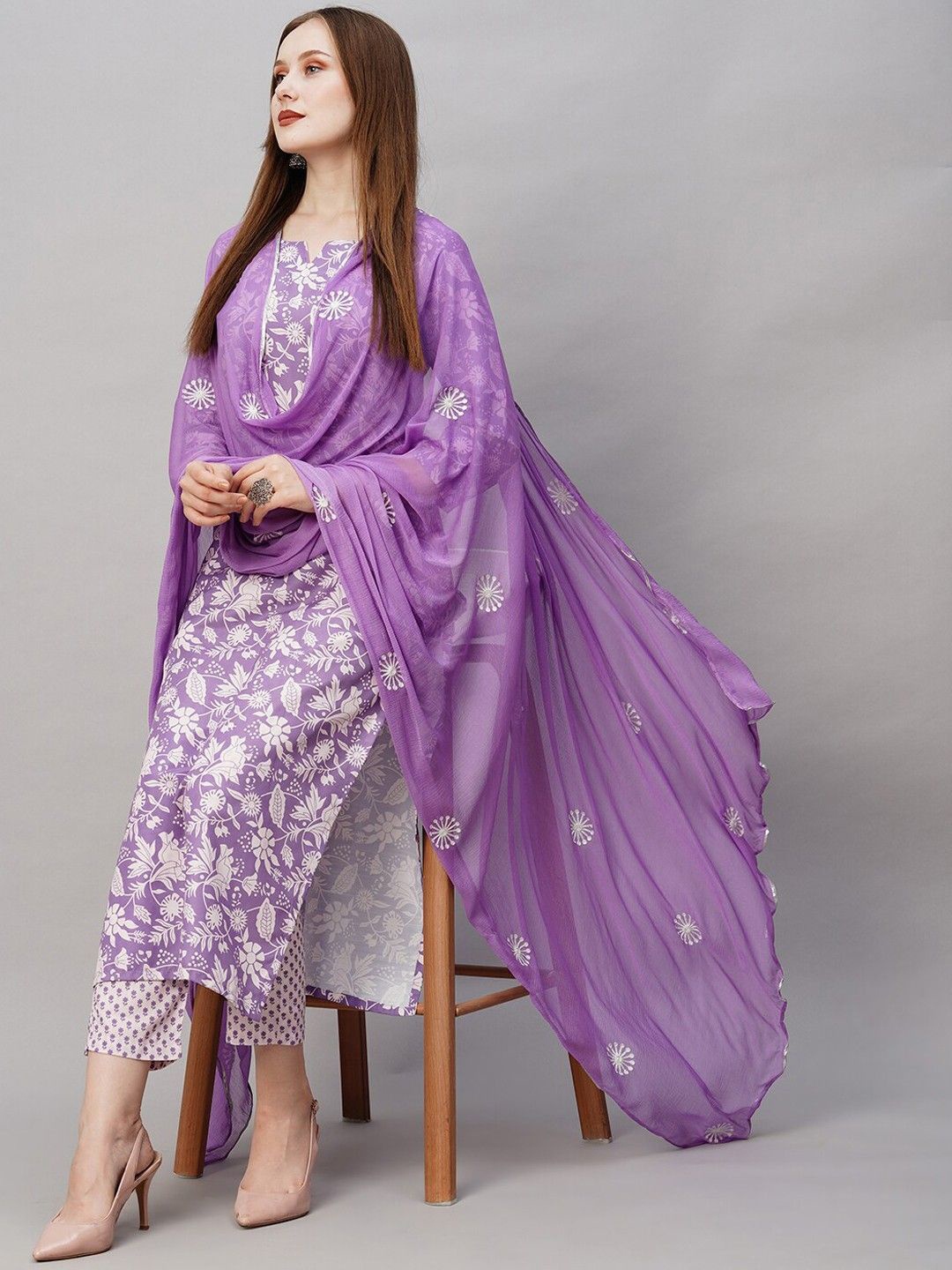 

Anni Designer Floral Printed Regular Straight Kurta with Trousers & Dupatta, Purple