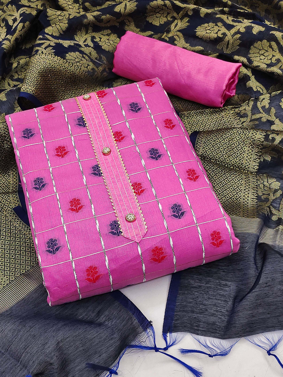 

Ishin Floral Woven Design Gotta Patti Unstitched Dress Material, Pink