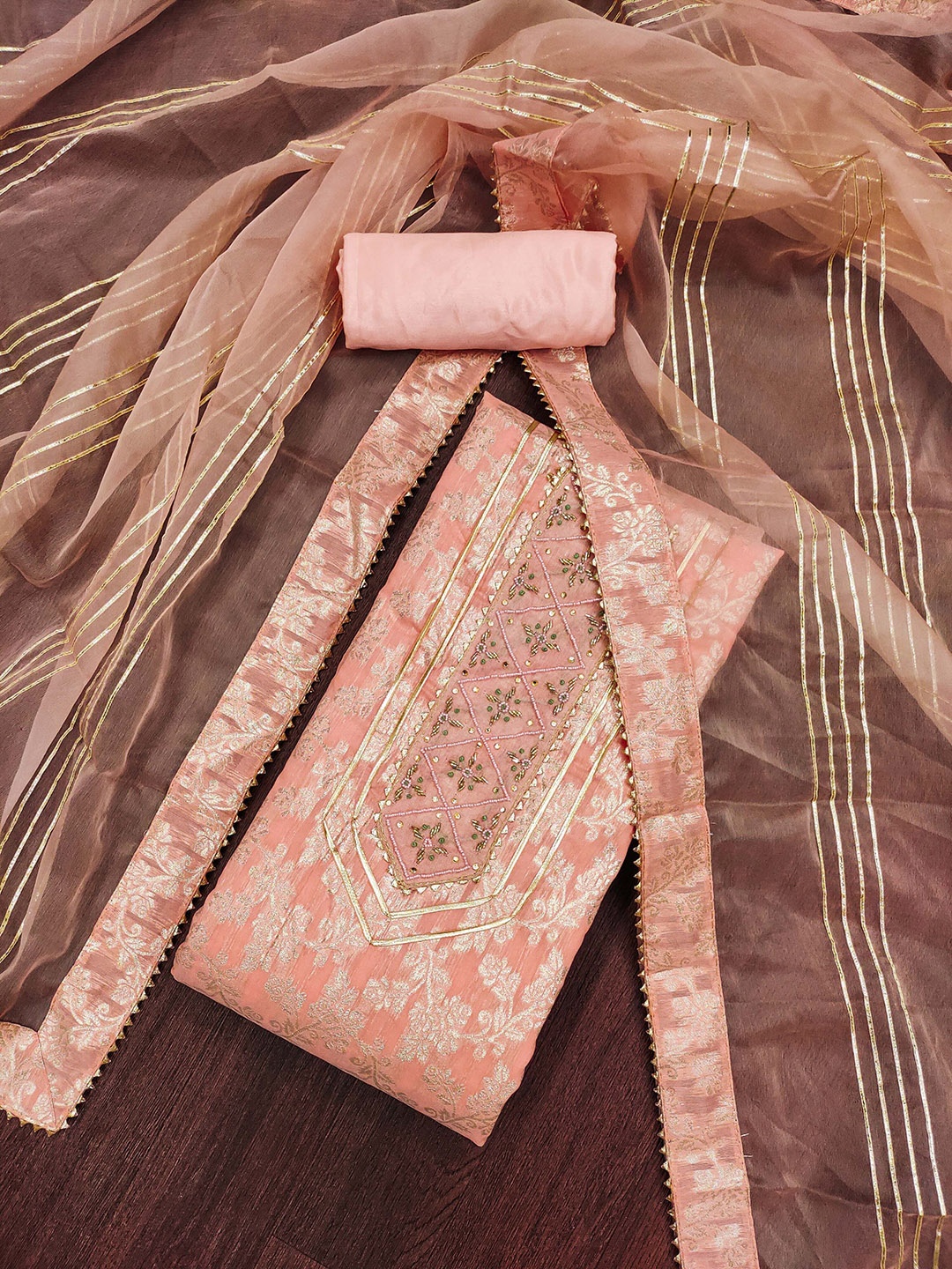 

Ishin Woven Design Beads & Stones Pure Silk Unstitched Dress Material, Peach