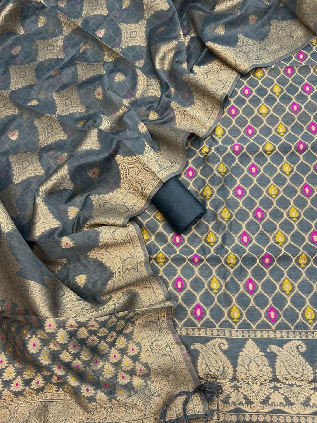

Apaapi Threads of glory Ethnic Motifs Woven Design Organza Unstitched Dress Material, Grey