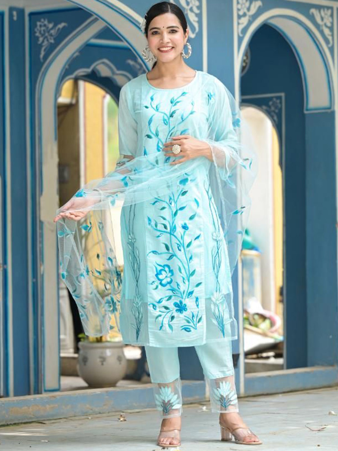 

FLAVIA CREATION Floral Embroidered Pure Cotton A-Line Kurta with Trousers & With Dupatta, Turquoise blue