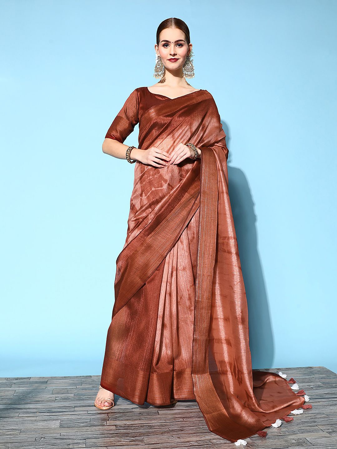 

KALINI Tie and Dye Printed Party Wear Zari Saree, Coffee brown
