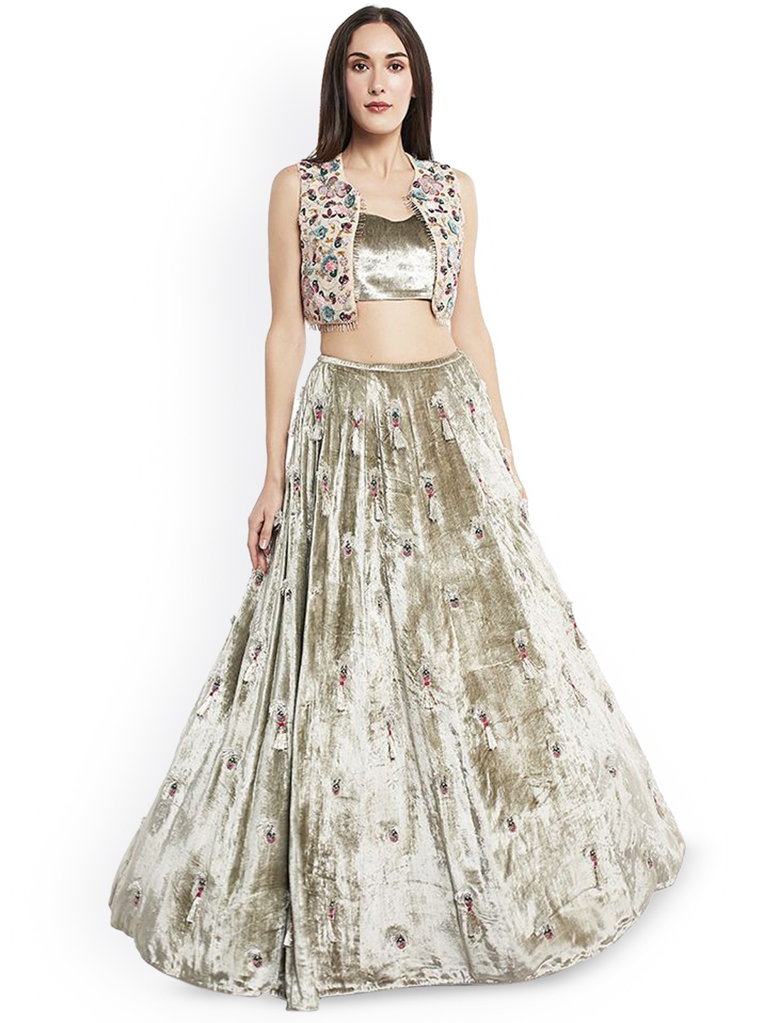 

Payal Singhal Embroidered Top with Skirt & Jacket, Gold