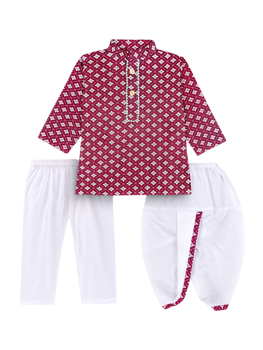 

BAESD Boys Ethnic Motifs Printed Straight Kurta With Pyjamas And Dhoti, Maroon