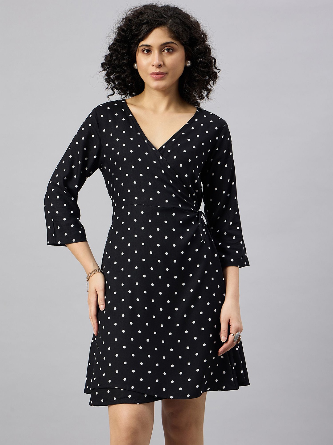 

The Roadster Lifestyle Co Women Polka Dot Printed Wrap Mini Dresses, Black