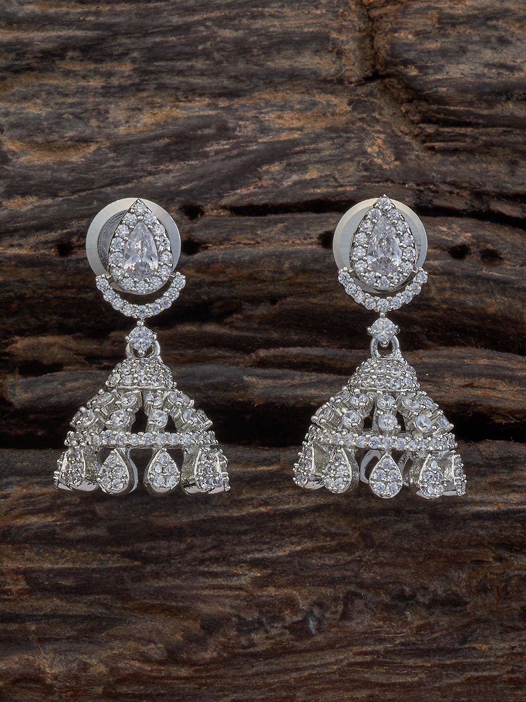 

Kushal's Fashion Jewellery Rhodium Plated Zircon Studded Dome Shaped Jhumkas, White