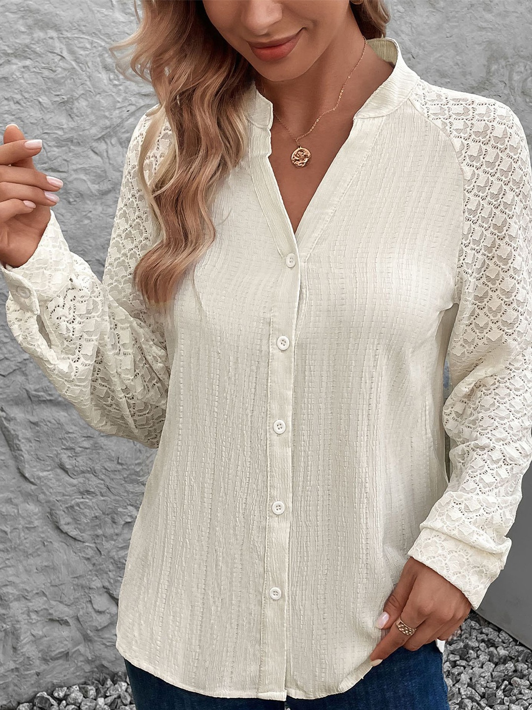 

LULU & SKY Mandarin Collar Shirt Style Top, Beige