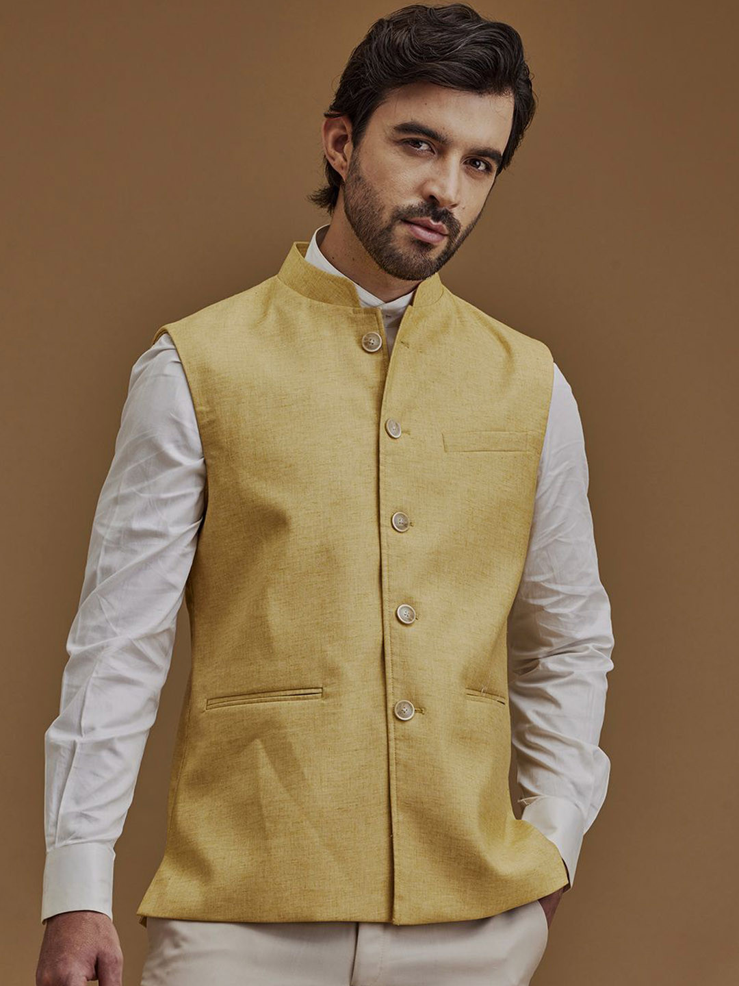

Neumen Woven Nehru Jackets, Yellow