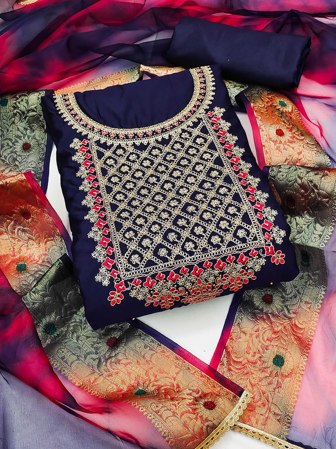 

Ishin Ethnic Motifs Embroidered Unstitched Dress Material, Navy blue