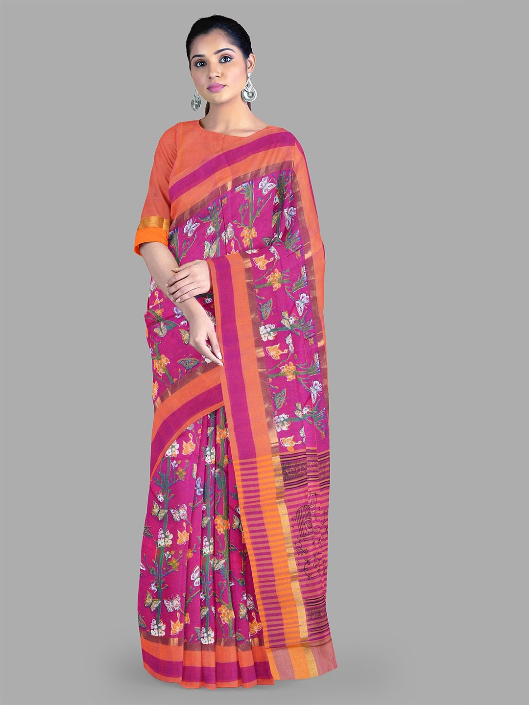 

The Chennai Silks Floral Printed Zari Pure Cotton Gadwal Saree, Pink