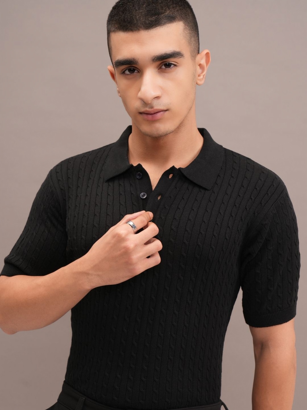 

HIGHLANDER Men Self Design Polo Collar Cotton Relaxed Fit T-shirt, Black