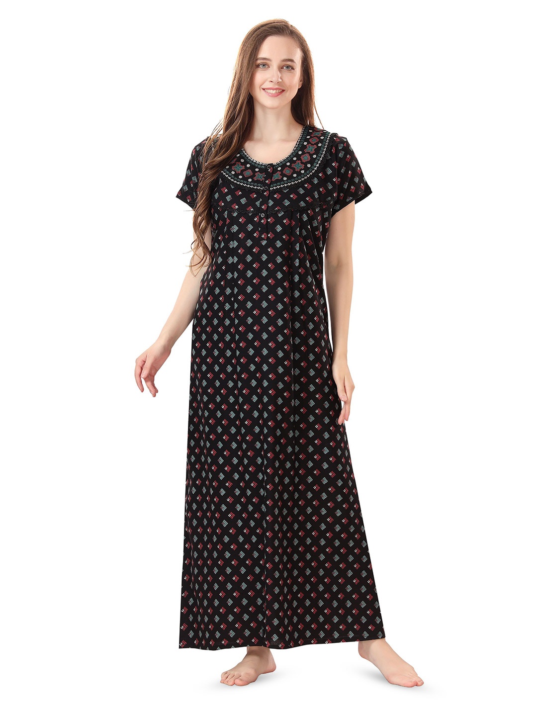 

Soulemo Women Printed Maxi Short Sleeves Round Neck Nightdress, Black