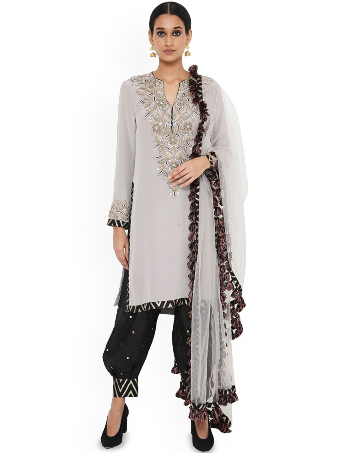 

Payal Singhal Floral Embroidered Regular Straight Kurta with Salwar & Dupatta, Black