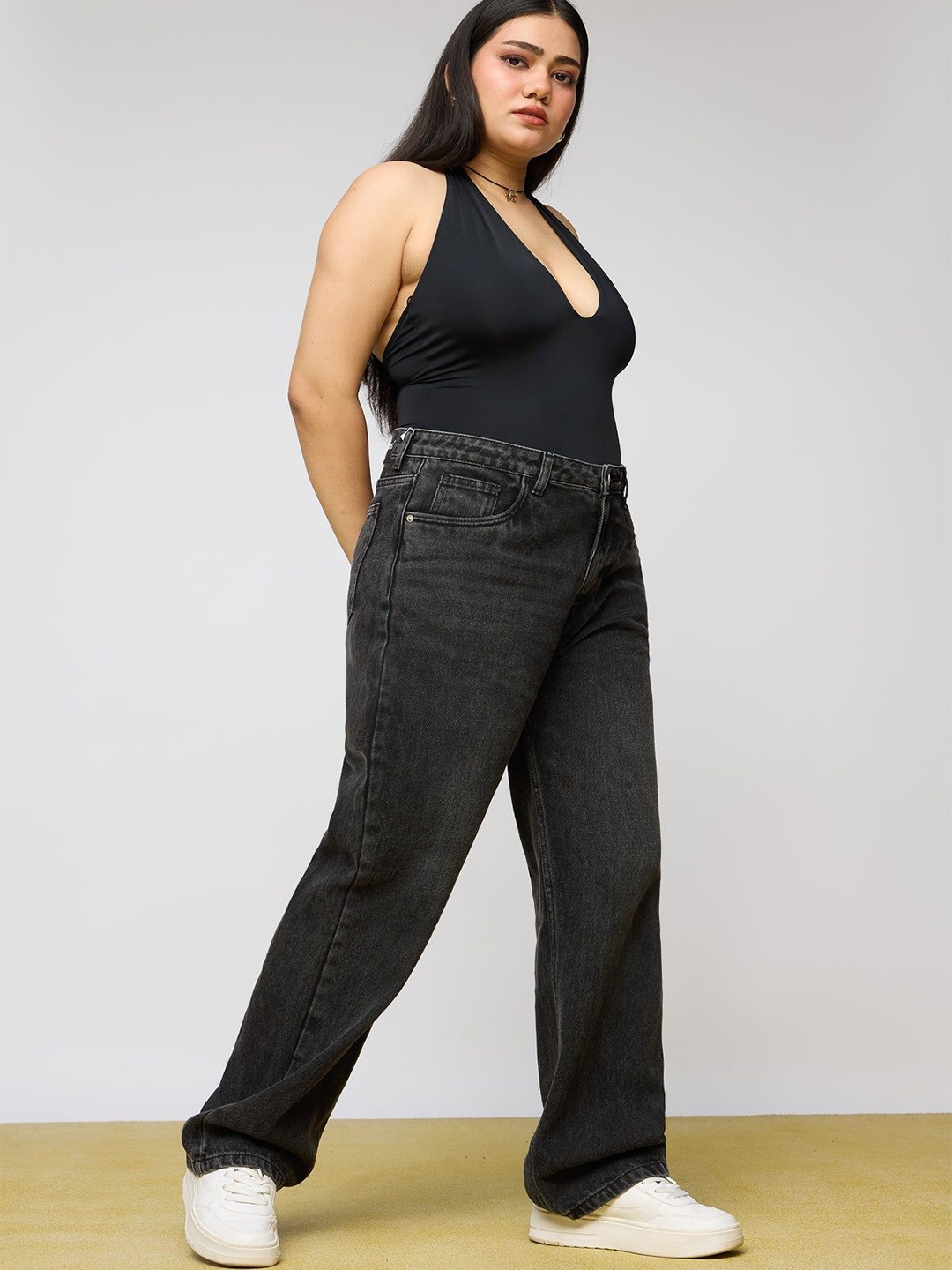 

FREAKINS Women Straight Fit High-Rise Cotton Light Fade Jeans, Black