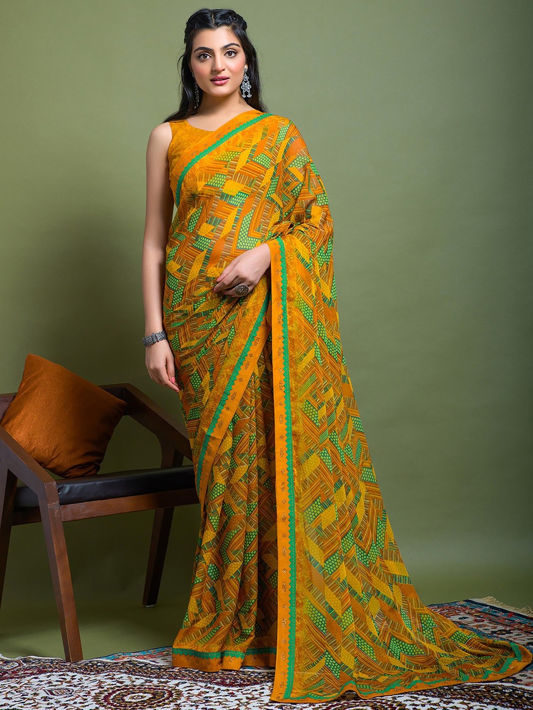 

KALINI Poly Chiffon Printed Saree, Mustard