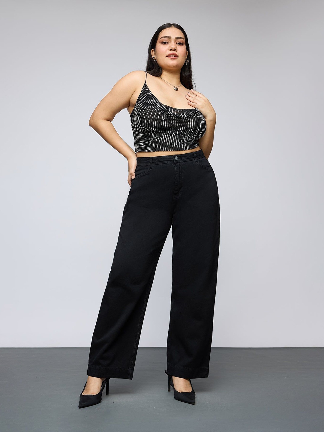 

FREAKINS Women Straight Fit Cotton High-Rise Jeans, Black