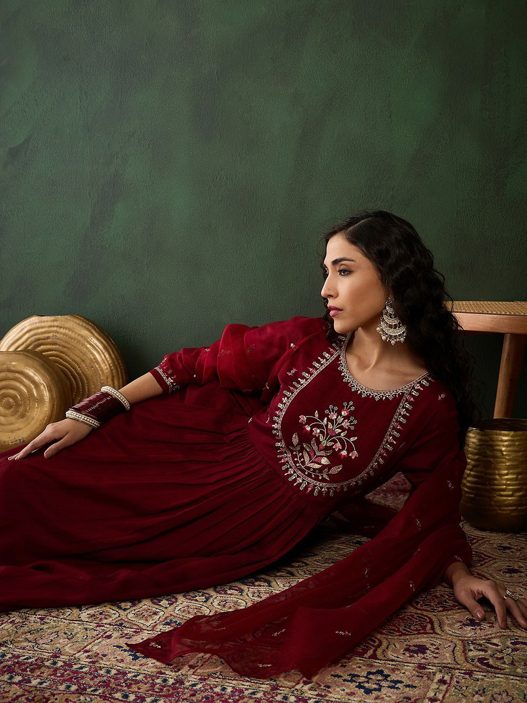 

Sangria Floral Yoke Design Pleated Sequinned Kurta With Trousers & Dupatta, Maroon