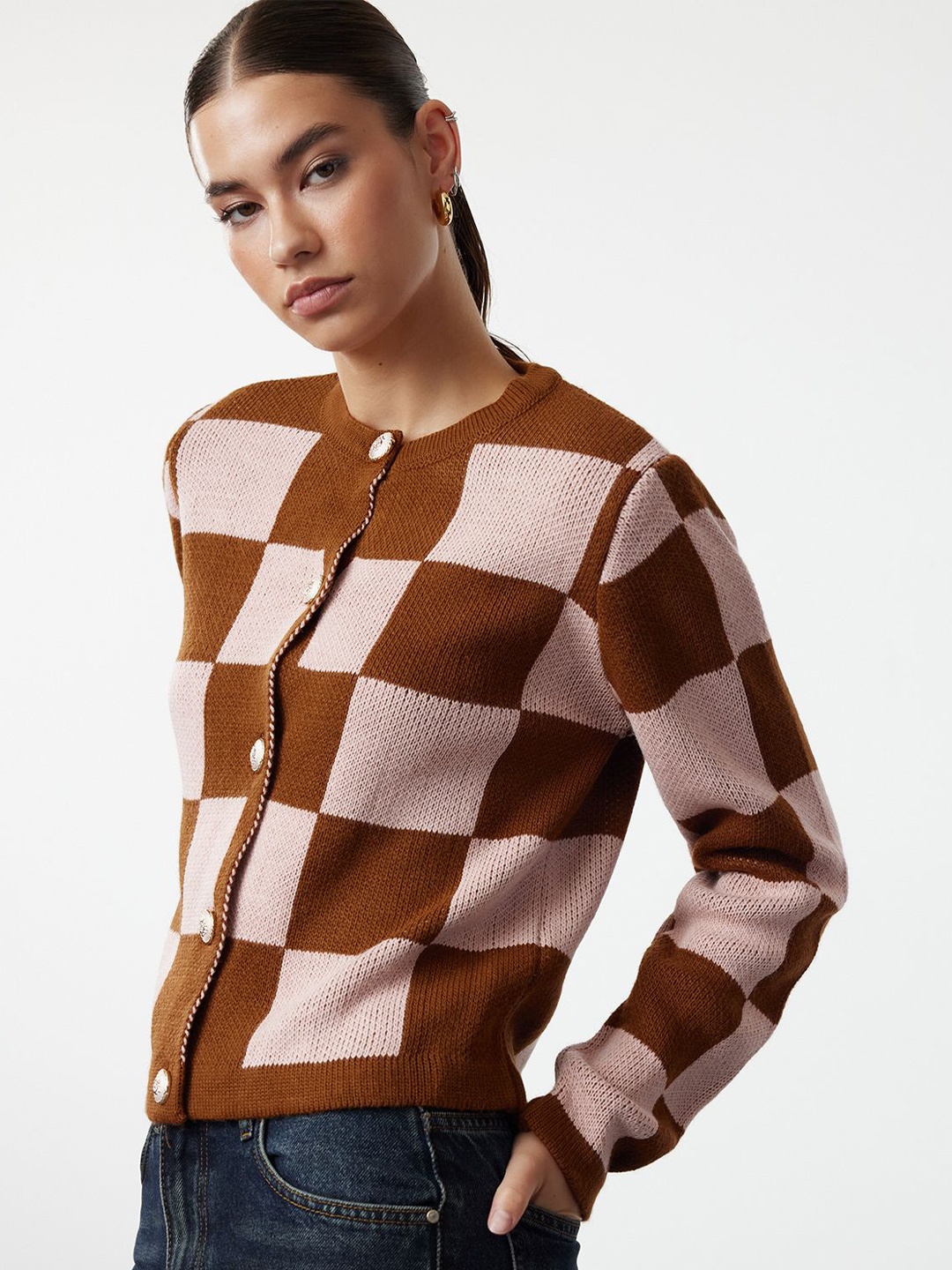 

Trendyol Women Checked Crop Cardigan, Pink