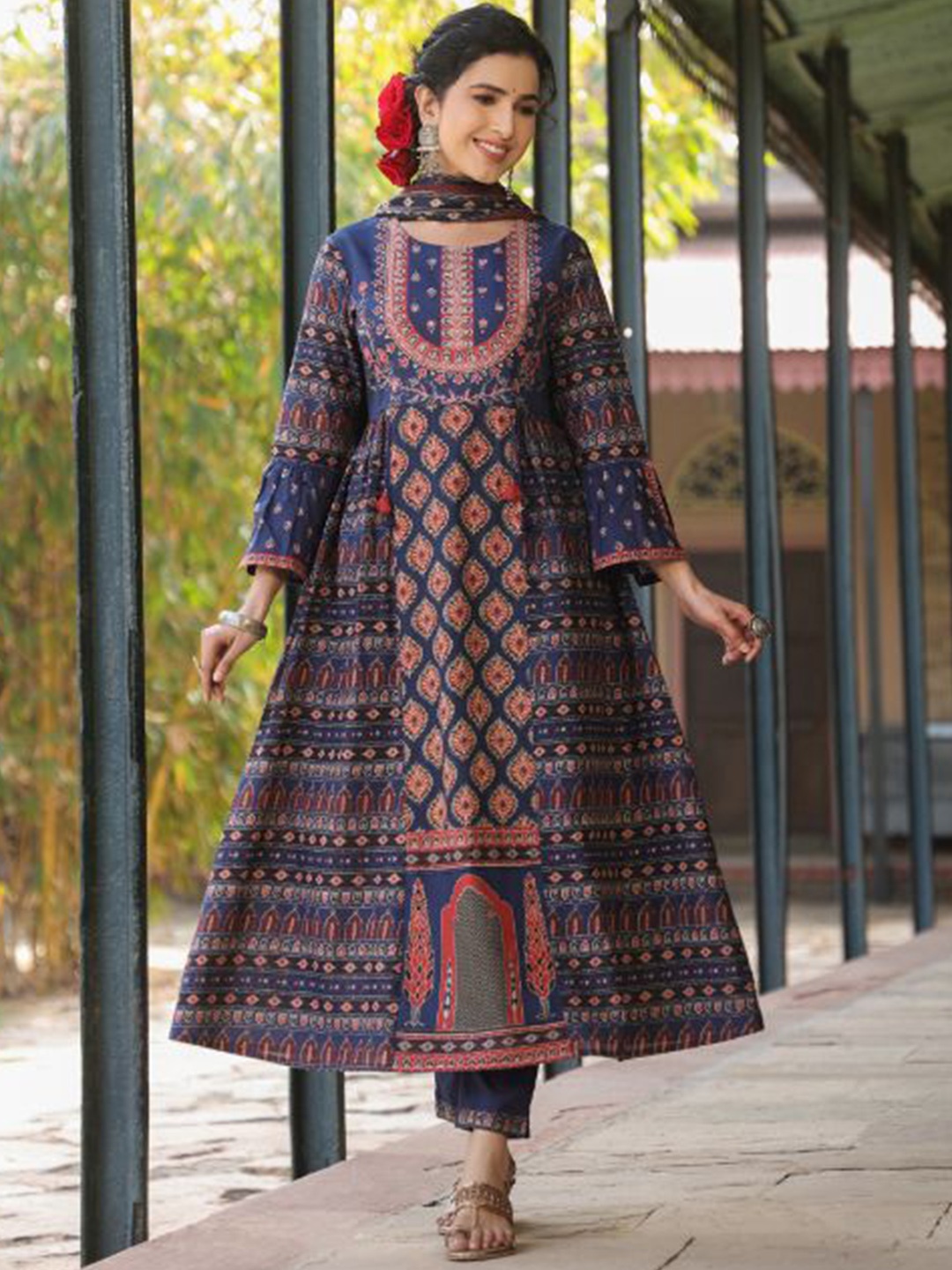 

KALINI Ethnic Motifs Printed Pure Cotton A-Line Kurta With Trousers & Dupatta, Blue