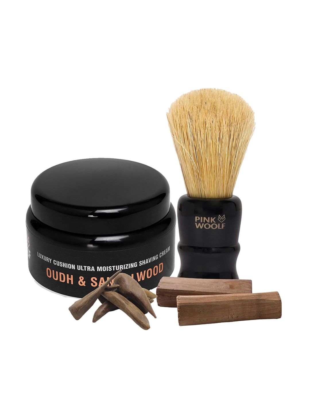 

PINK WOOLF Shaving Brush With Oudh & Sandalwood Moisturizing Shaving Cream 100 g, Orange