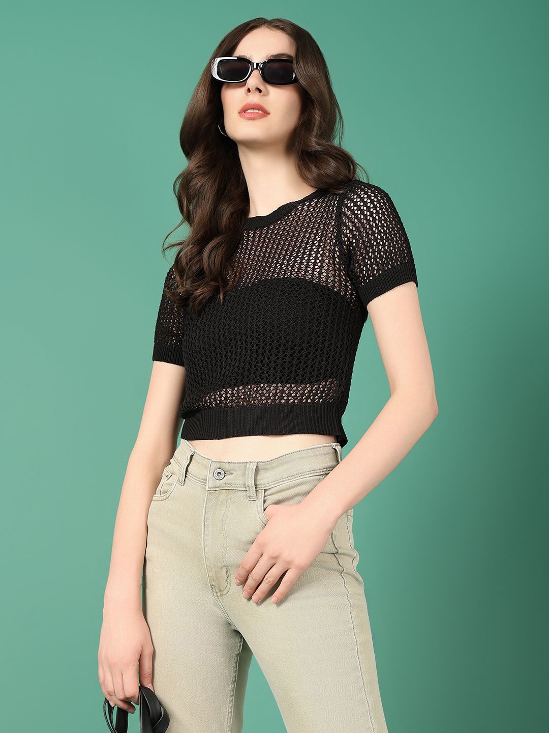 

SHOWOFF Crochet Crop Top, Black