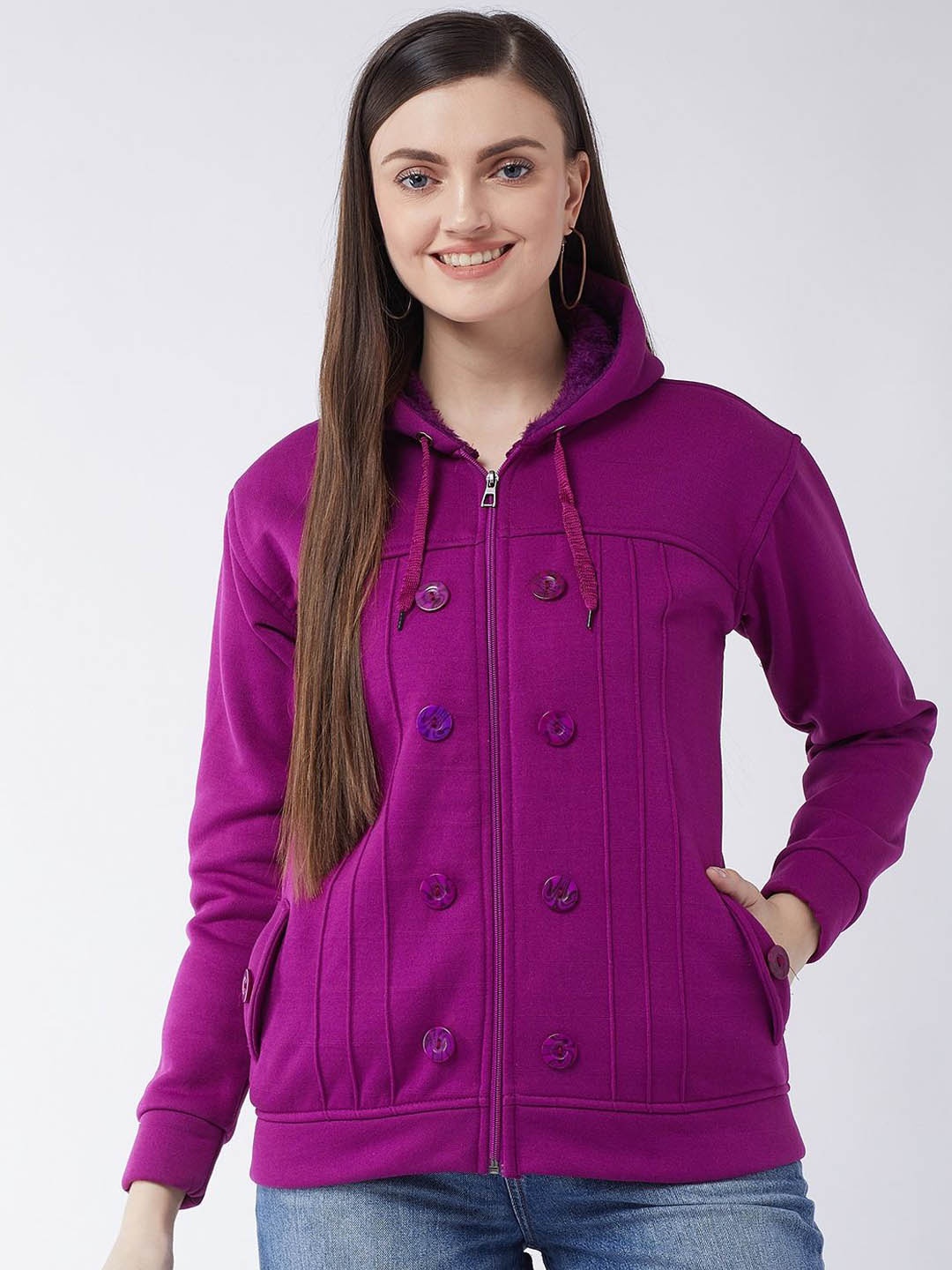 

PIVL Women Solid Hooded Windcheater Jacket, Purple