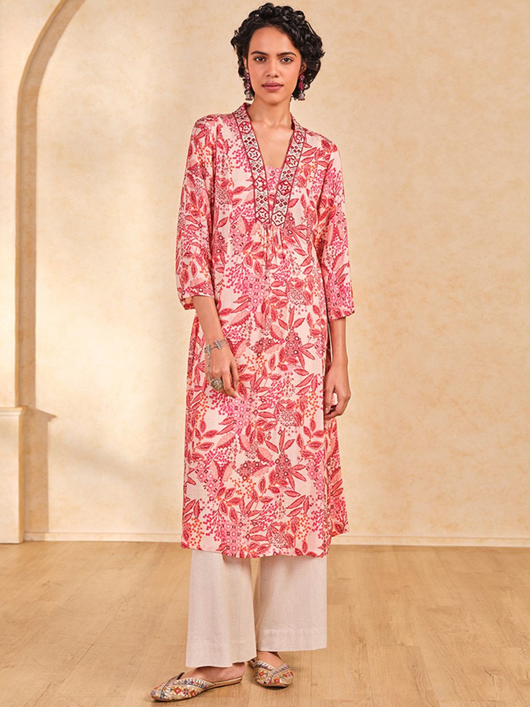 

Global Desi Floral Printed V-Neck Beaded A-Line Kurta, Coral