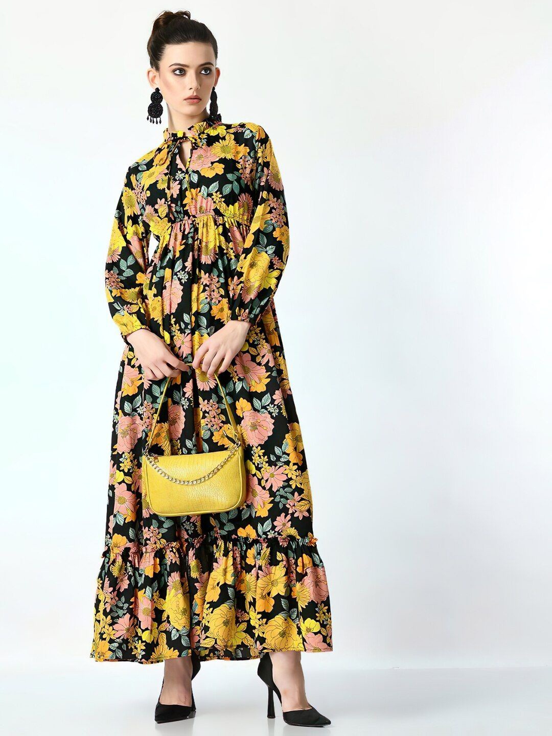 

OTABU Floral Print Tie-Up Neck Crepe A-Line Maxi Dress, Yellow