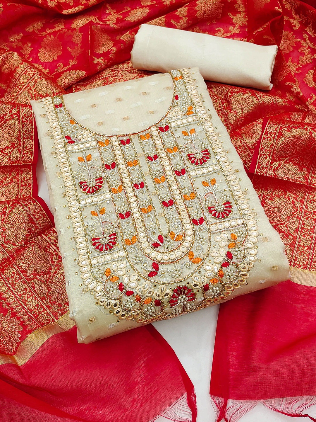 

Ishin Ethnic Motifs Embroidered Beads and Stones Unstitched Dress Material, Beige