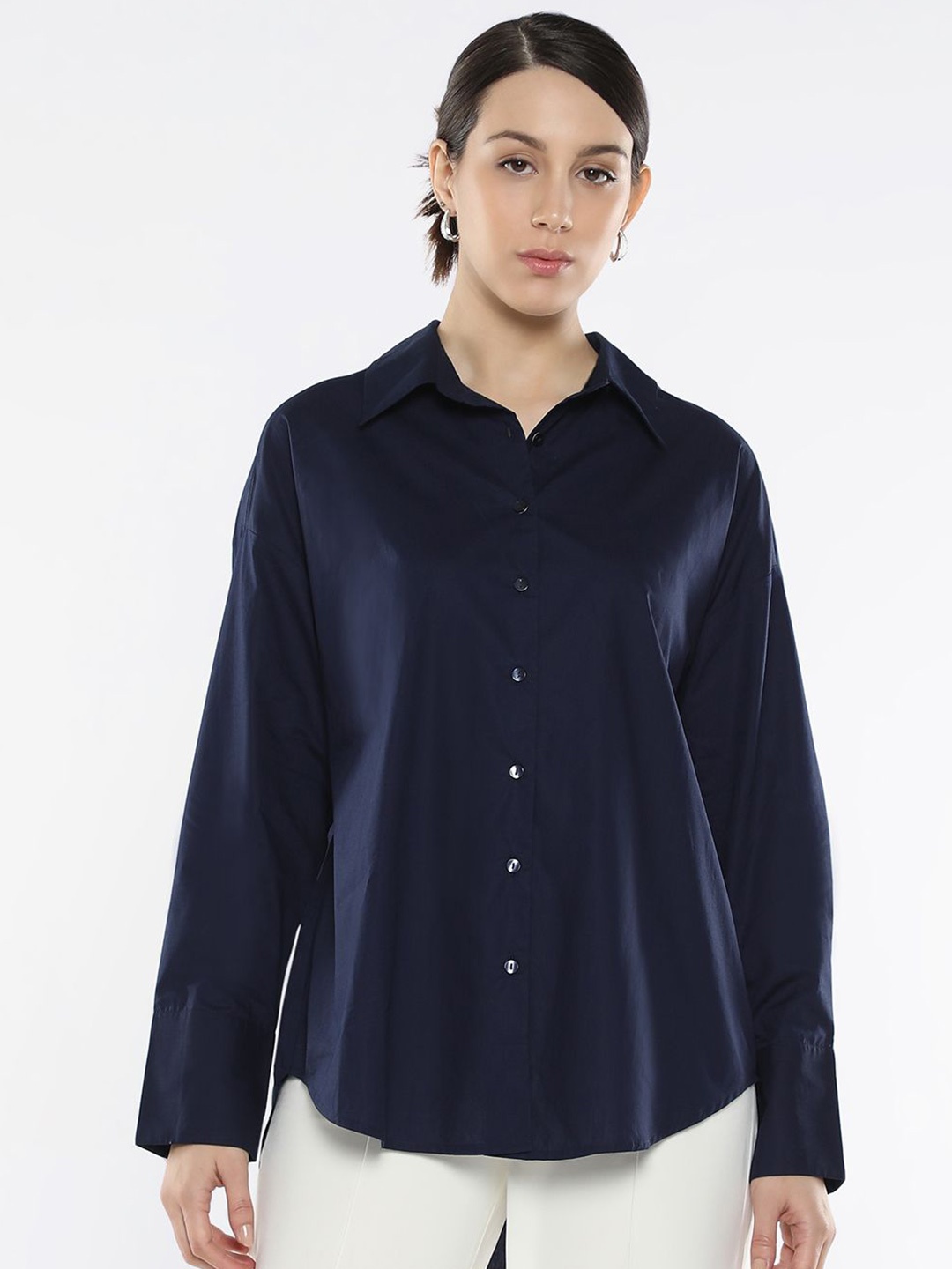

RAREISM Women Comfort Spread Collar Solid Cotton Boxy Formal Shirt, Navy blue