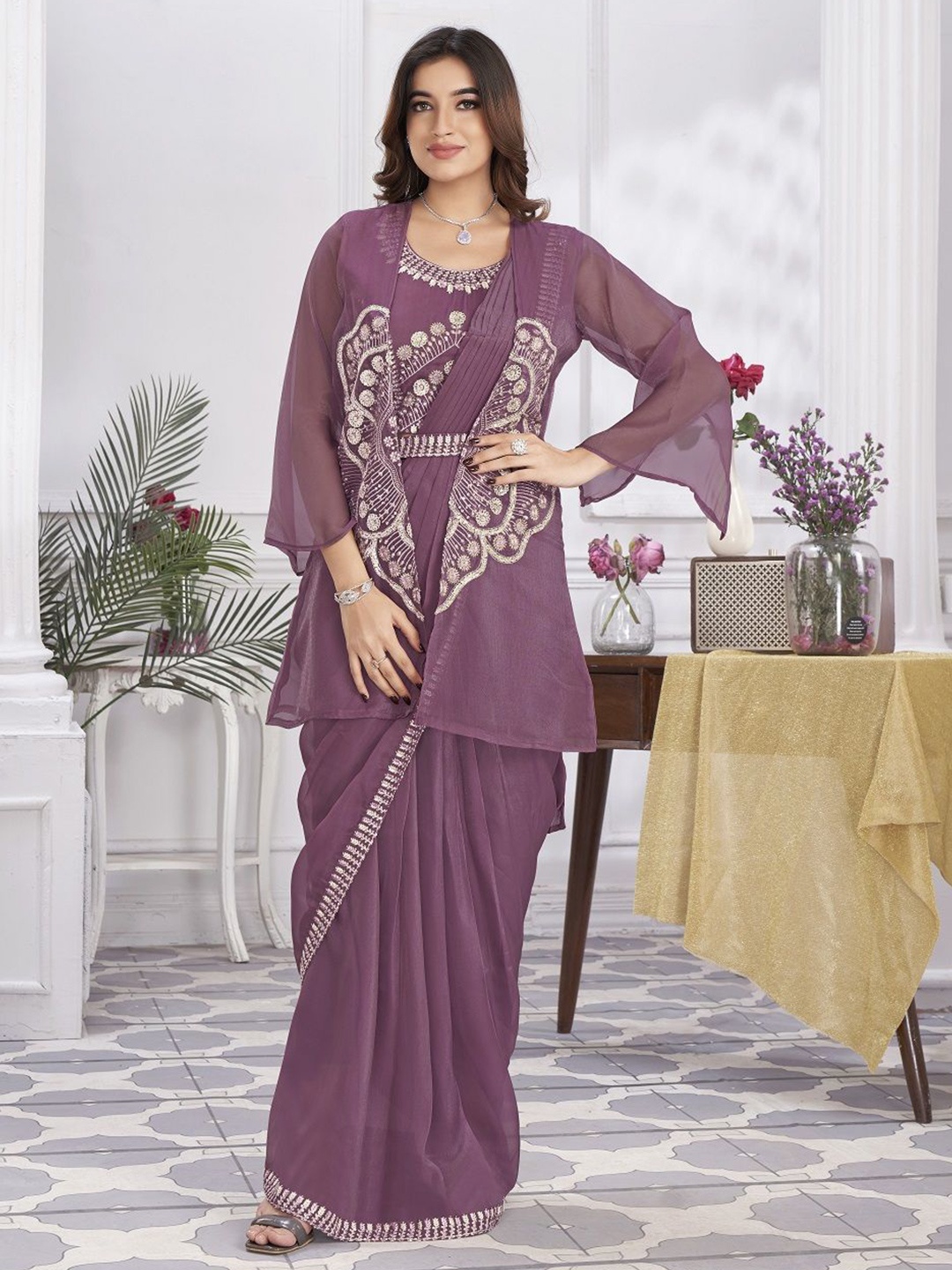 

JIVORA Floral Sequinned Organza Ready to Wear Saree, Violet