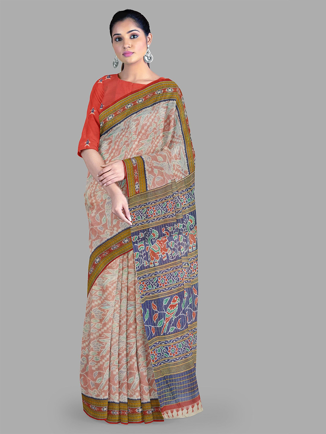 

The Chennai Silks Floral Printed Pure Cotton Gadwal Saree, Coral
