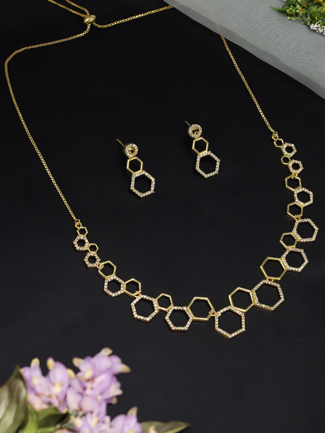

PRIVIU Gold-Plated Geometric Shaped American Diamond Studded Jewellery Set