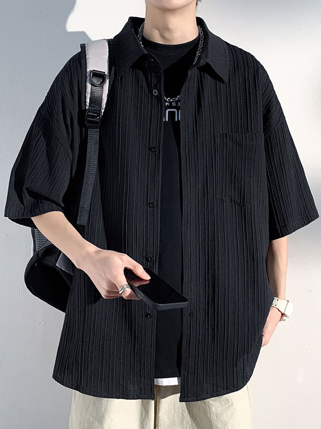 

StyleCast Men Pinstripes Opaque Striped Casual Shirt, Black