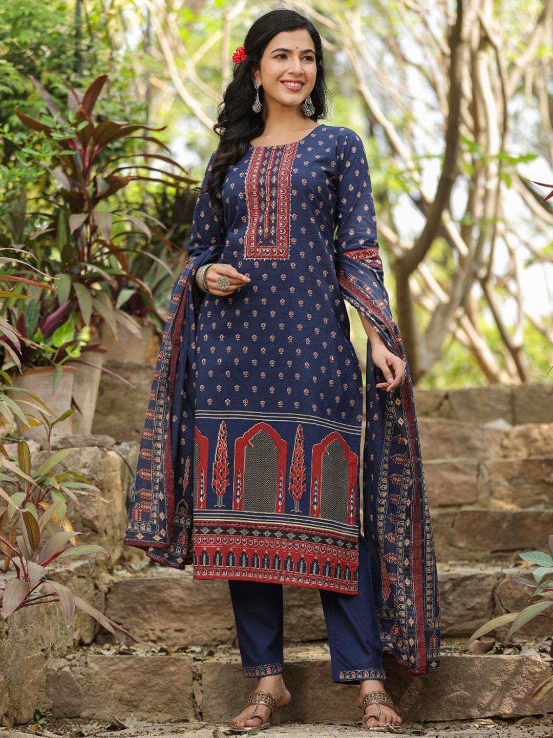 

KALINI Ethnic Motifs Printed Pure Cotton Kurta With Trousers & Dupatta, Blue