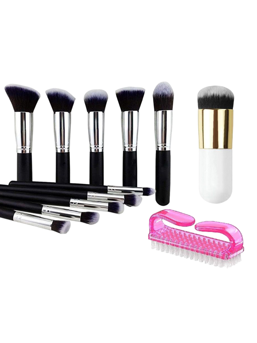 

zemglam Set Of 10 Makeup Brushes & 1 Foundation Brush With 1 Nail Cleaning Brush, Silver