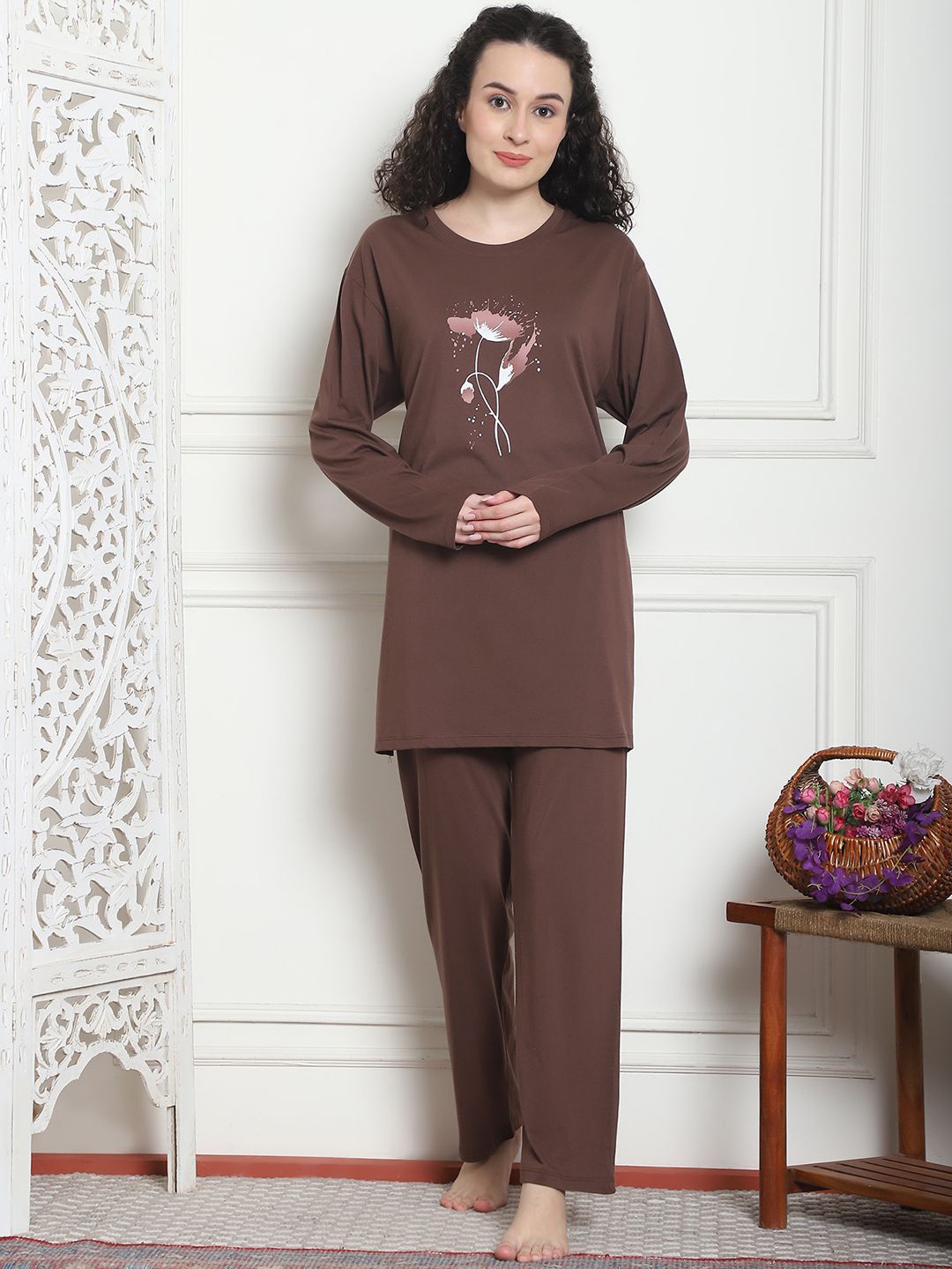 

Kanvin Women Printed Round Neck Night suit, Camel brown