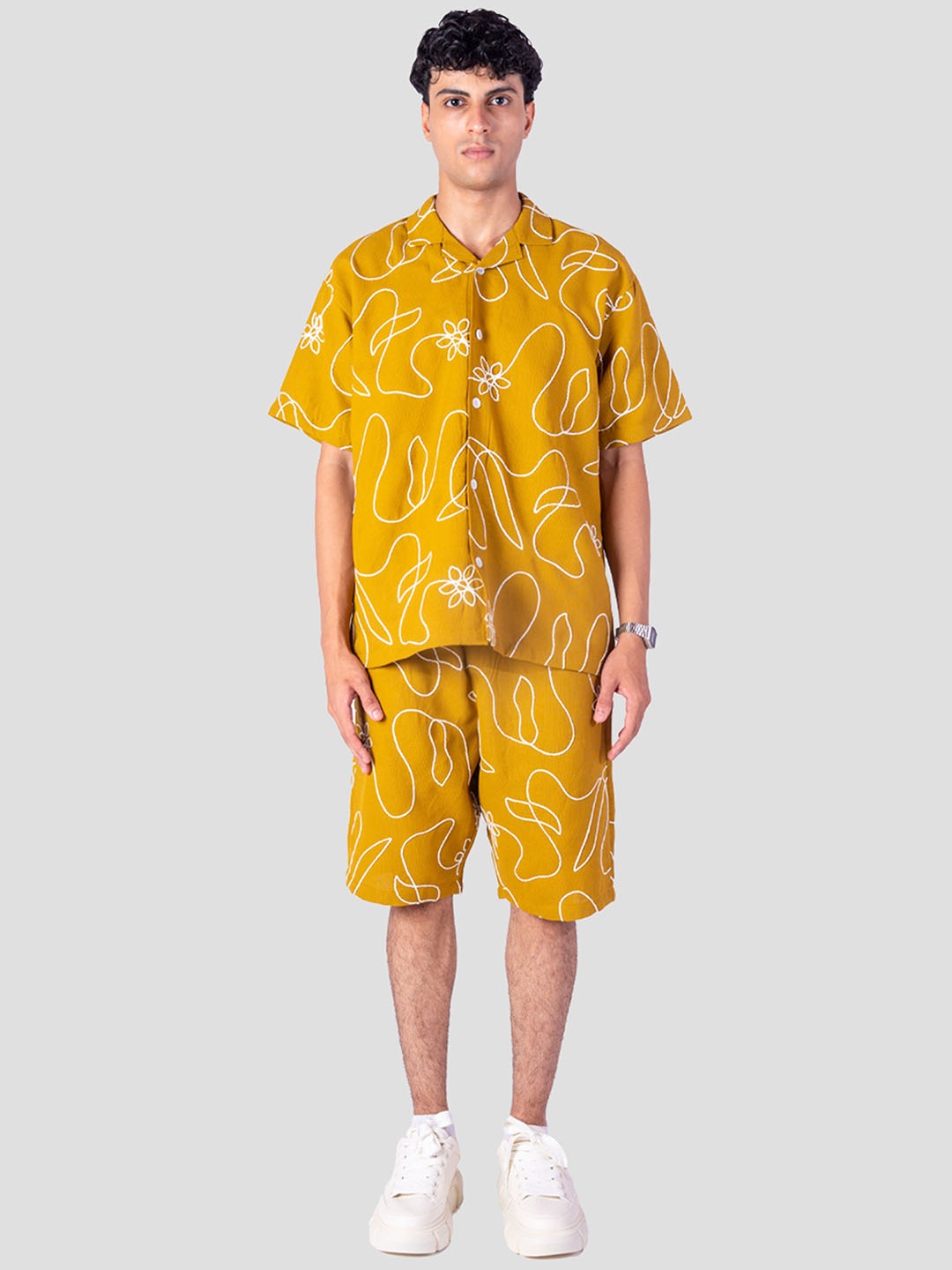 

HOP HEAD Floral Embroidered Cuban Collar Shirt With Shorts, Mustard