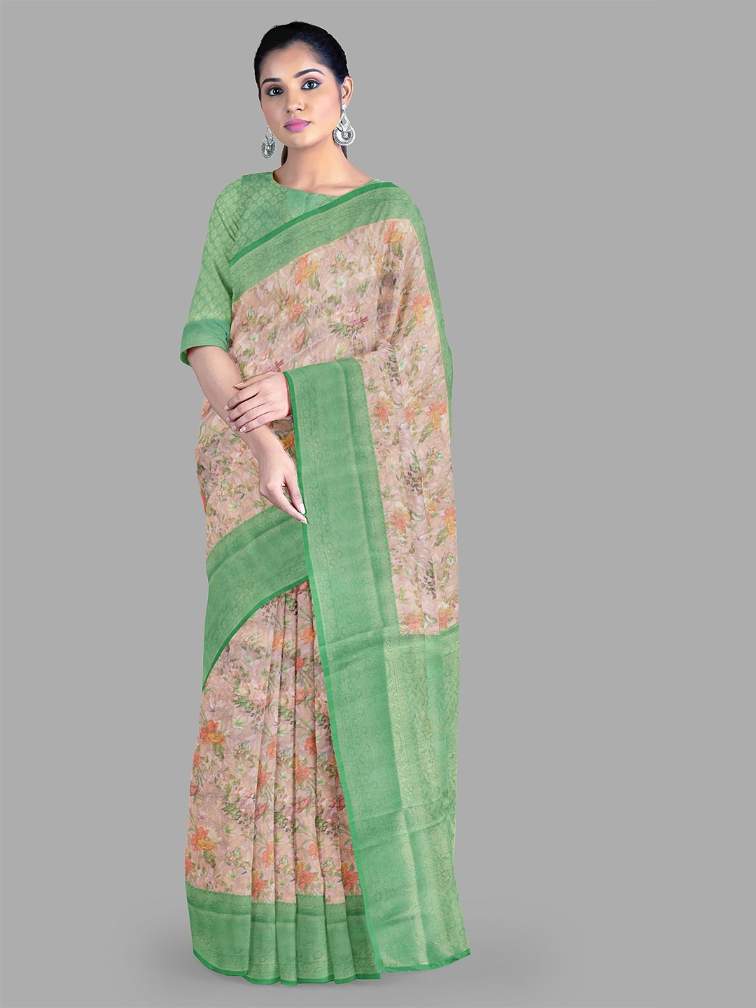 

The Chennai Silks Floral Printed Woven Design Zari Banarasi Saree, Cream