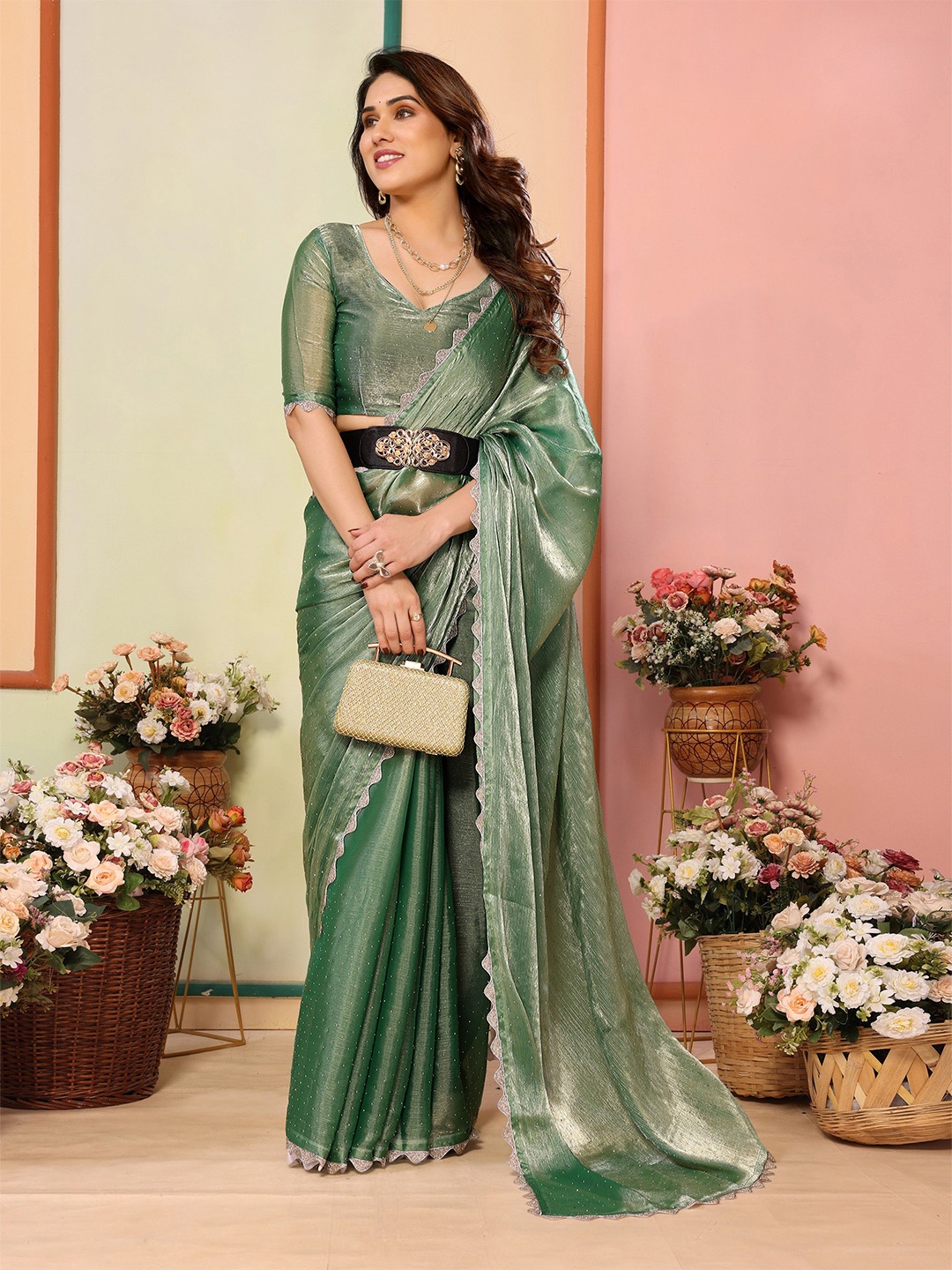 

The Textile Hub Embellished Beads and Stones Pure Silk Saree, Sea green